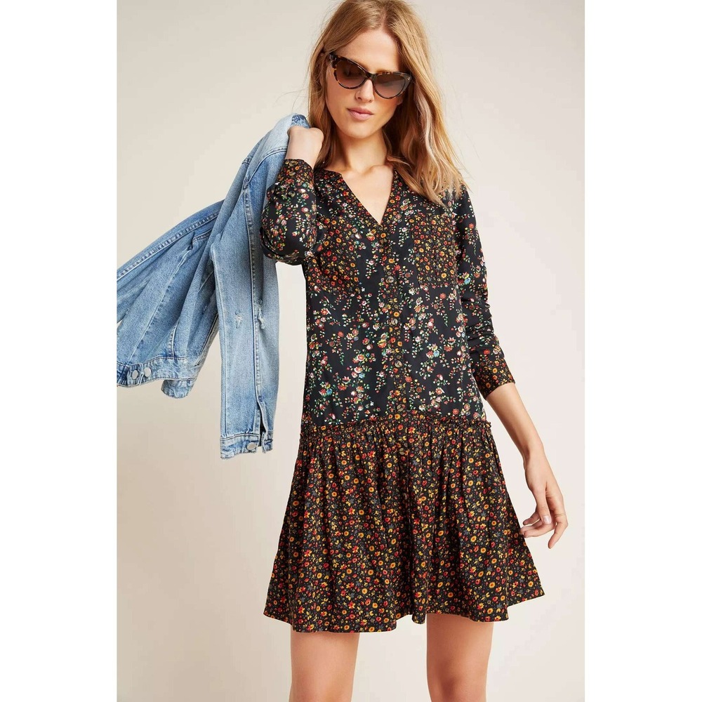 Maeve by Anthropologie Marlie Dress Womens Small Black Floral Tiered Mini Boho
